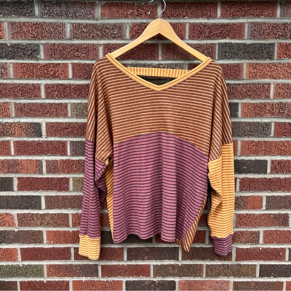 white birch Tops - White Birch Mustard Yellow and Light Brown Striped Colorblock Back Twisted Top